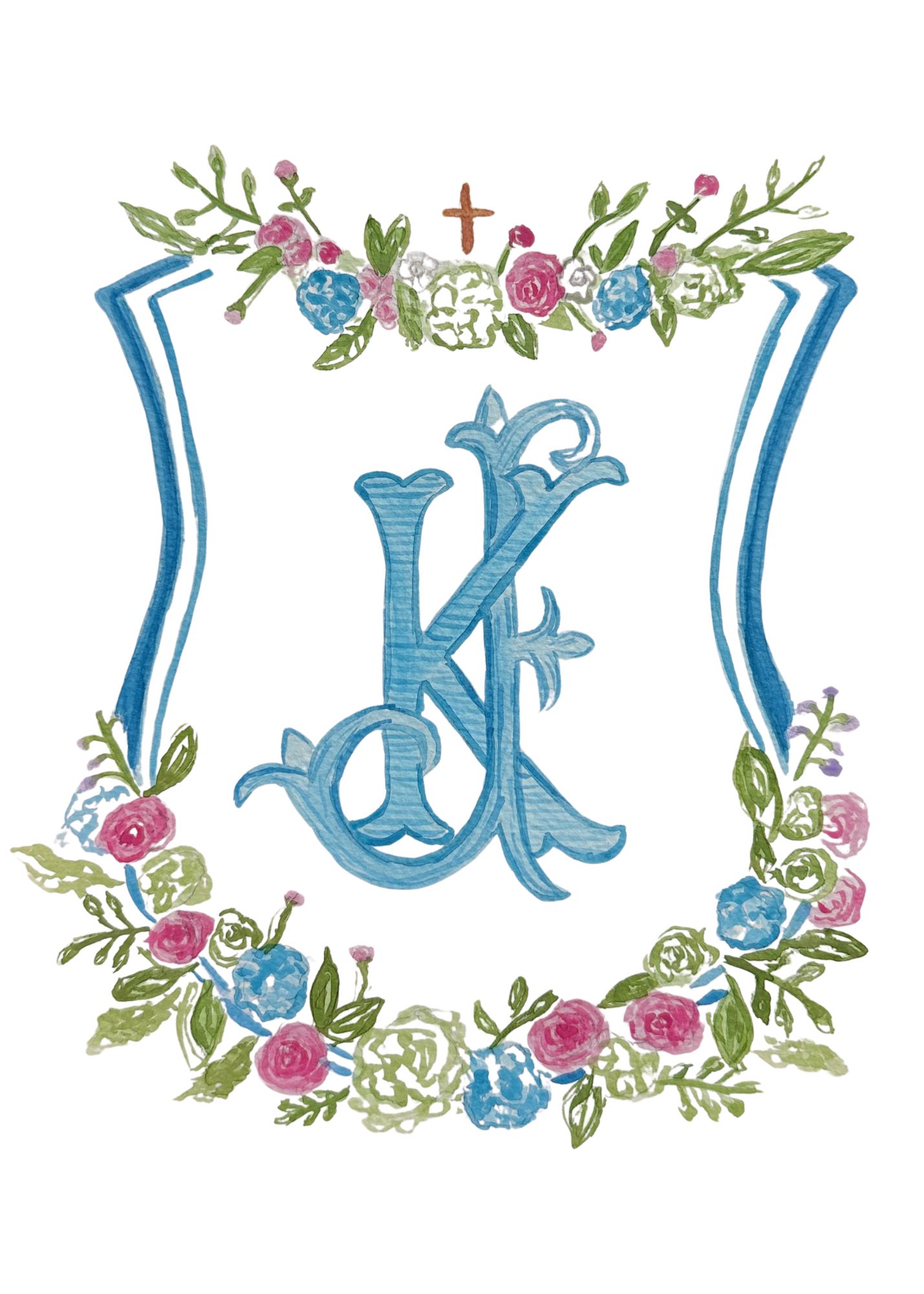 Custom watercolor wedding crest with initials J and K in blue
