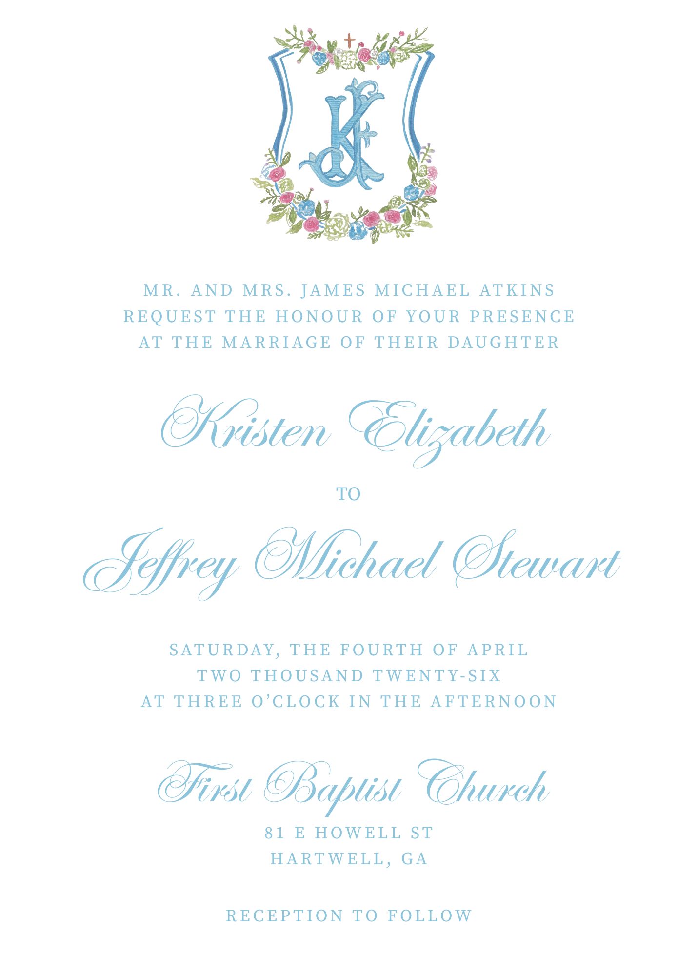 Kristen Atkins and Jeff Stewart Wedding Invitation Card